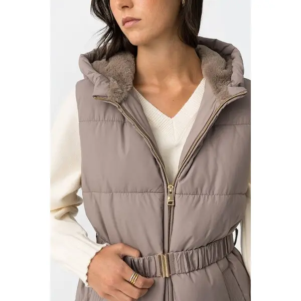 Doudoune sans manches beige à capuche ceinture élastique Tiffosi femme