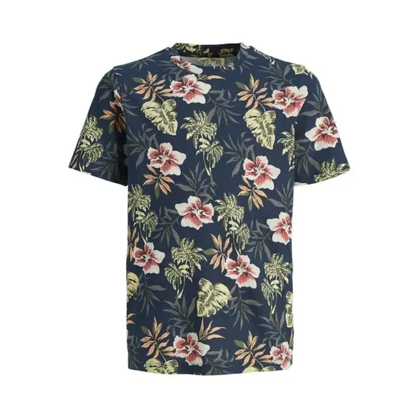 T-SHIRT BLEU MARINE IMPRIME FEUILLAGE GARCON JACK & JONES JJCILL