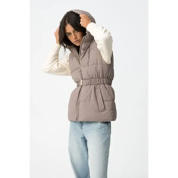 Doudoune sans manches beige à capuche ceinture élastique Tiffosi femme