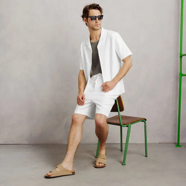 Ensemble chemisette coton et bermuda en maille - Beige