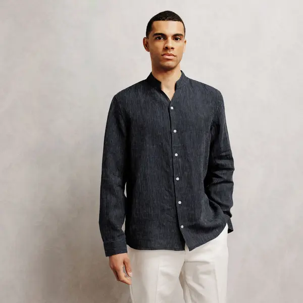Chemise 100% lin col mao regular rayée