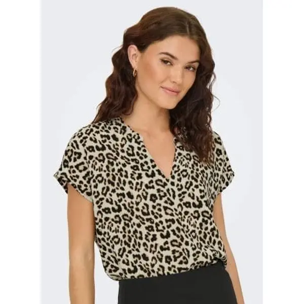 Blouse Beige Léopard Manches Courtes Col V JDY Femme