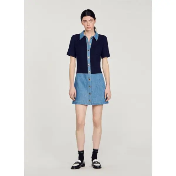 Robe courte en tweed et denim - Sandro