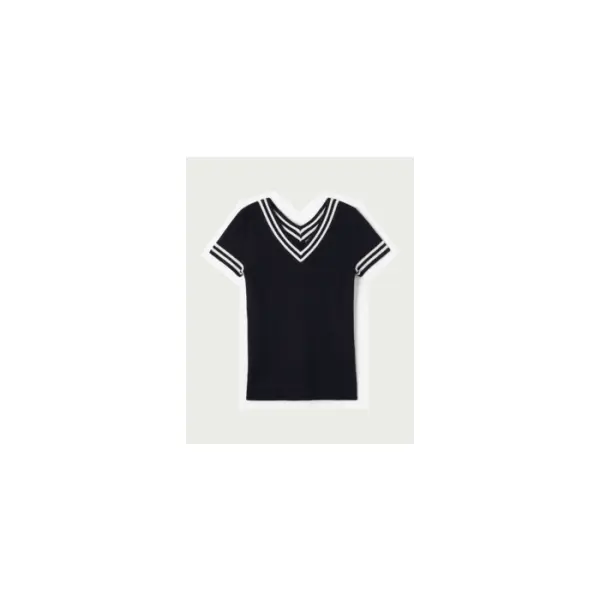 Col v ultrafin finitions rayées - femme - marine/naturel - Bompard