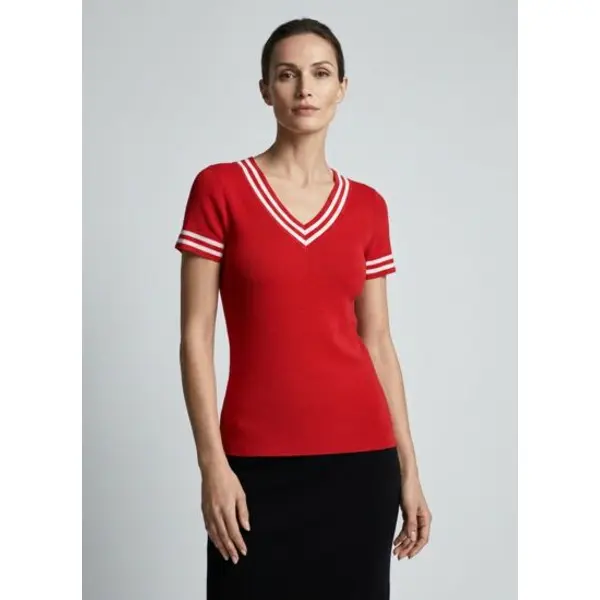 Col v ultrafin finitions rayées - femme - rouge gorge/naturel - Bompard