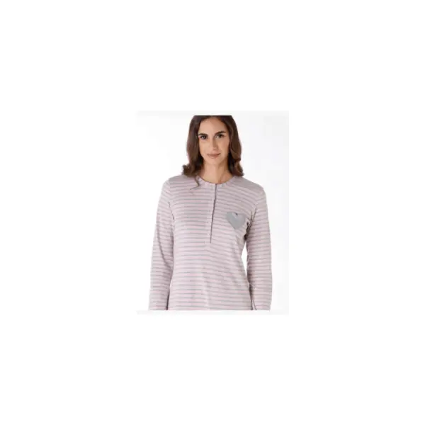 Chemise de nuit en interlock 100% coton, rayée rose et gris - Dim