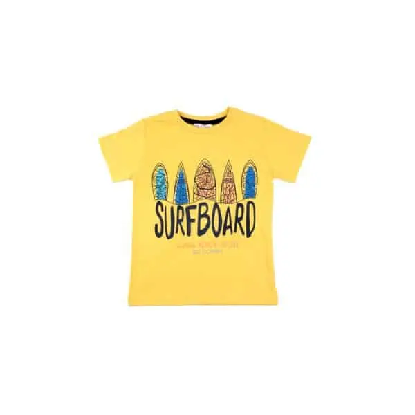 T-SHIRT JAUNE MOTIFS SURFS PETIT GARÇON 3-5 ANS BABYBOL