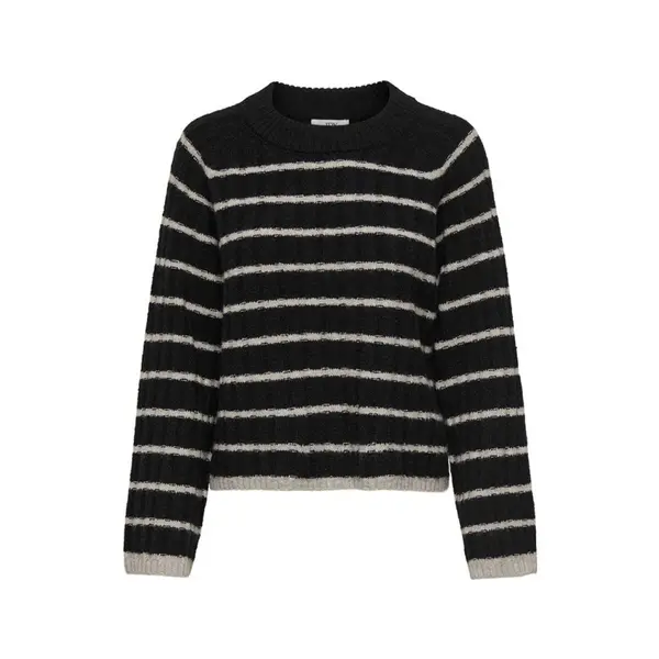 Pull noir à rayures beige