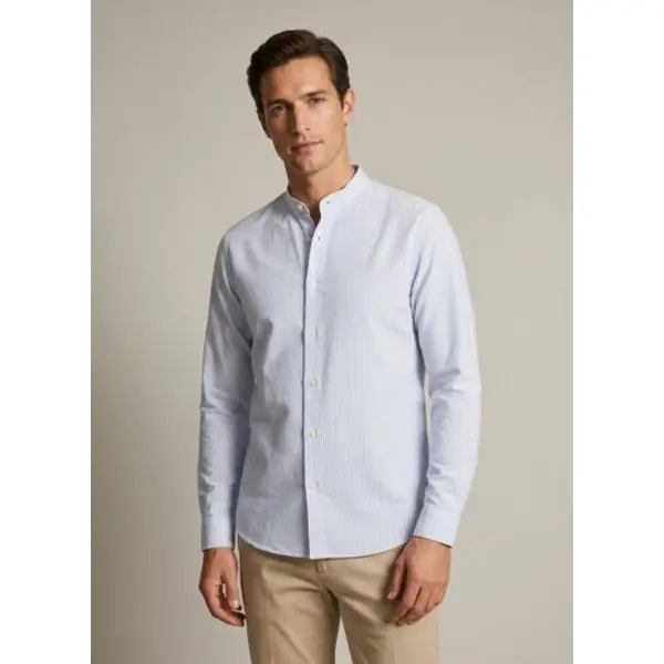 Chemise herwin col officier en oxford gratté rayé bleu - Figaret