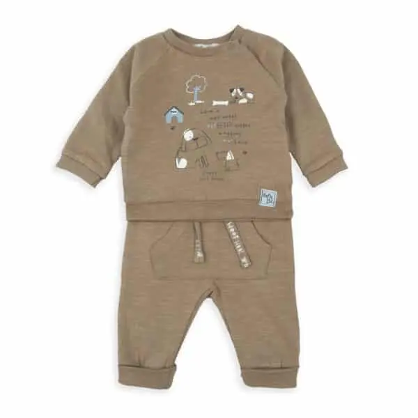 Ensemble beige molletonné jogging et sweat imprimé Babybol garçon – 6 à 24 mois