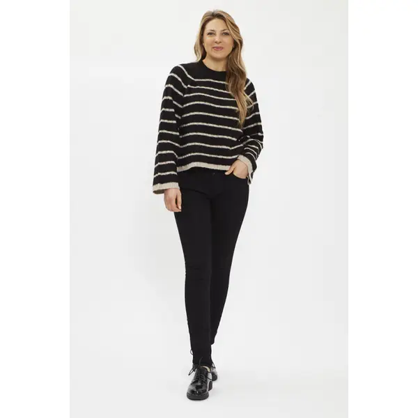 Pull noir à rayures beige
