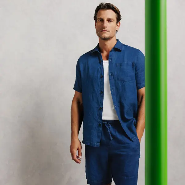 Ensemble chemisette et pantalon tapered 100% lin - Bleu