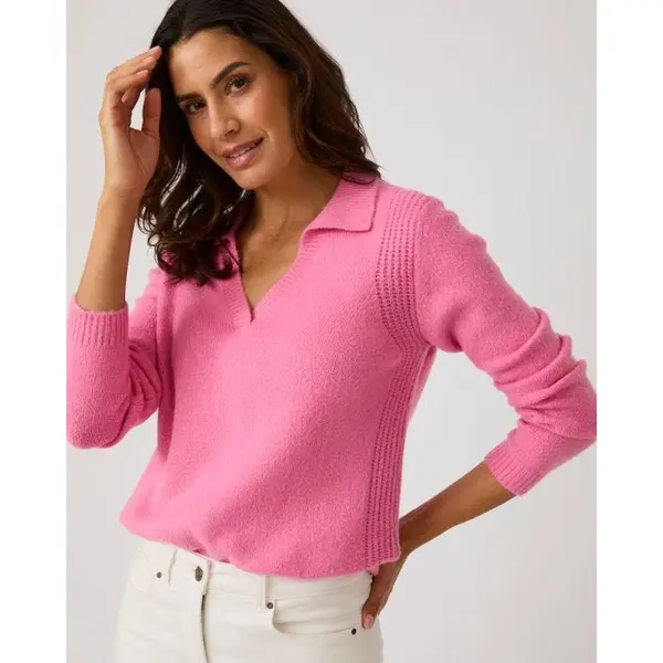 Pull col polo ouvert fantaisie côtelée
