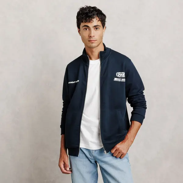 Sweat zippé col montant imprimé devant dos