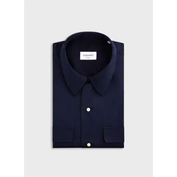 Chemise ivano col cubain avec poches à rabat en popeline unie marine - Figaret