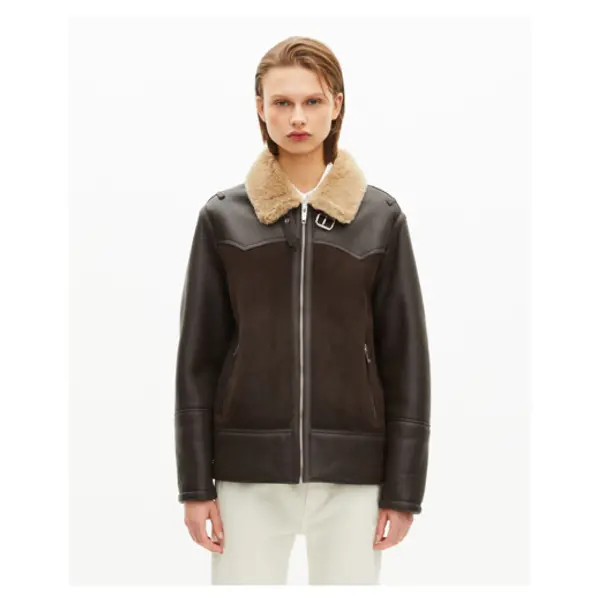 Peau lainée courte col sherpa marron brown - The Kooples Corbeil