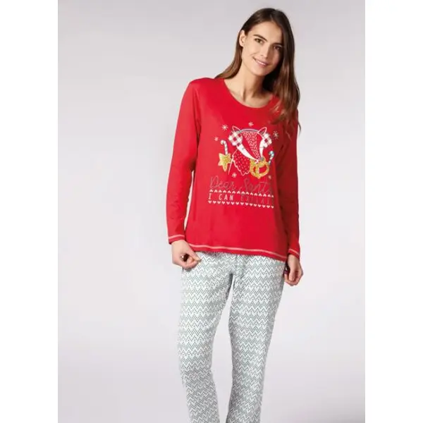 Pyjama femme noËl en famille rouge/écru imprimé - Dodo