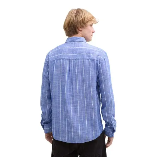 Chemise Bleue Rayée Manches Longues en Lin et Viscose Tom Tailor Homme du S au XXL