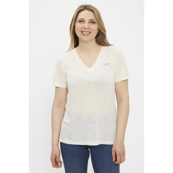 T-shirt col V lin mélangé beige