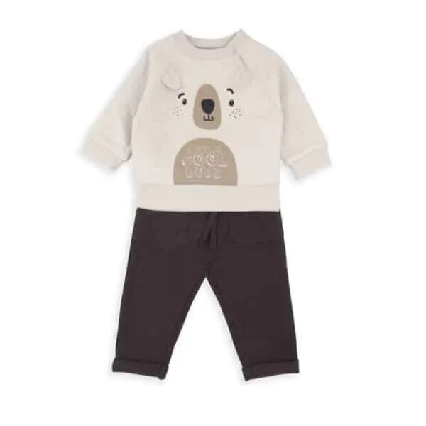 Ensemble coton beige pantalon sweat ours Babybol garçon – 3 à 18 mois