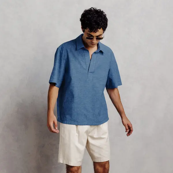 Chemisette 100% coton col vareuse effet denim