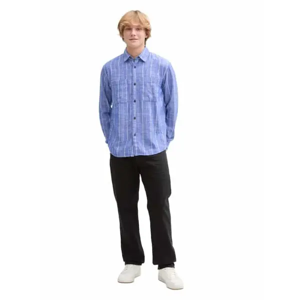 Chemise Bleue Rayée Manches Longues en Lin et Viscose Tom Tailor Homme du S au XXL