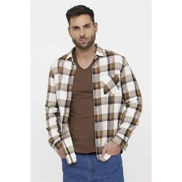 CHEMISE A MANCHES LONGUES BLANCHE/MARRON A CARREAUX HOMME S - 3XL LEE COOPER DAKANI