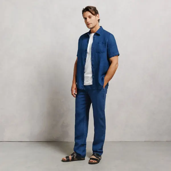 Ensemble chemisette et pantalon tapered 100% lin - Bleu