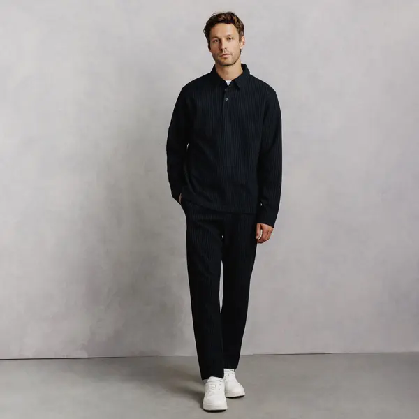 Ensemble polo rayée et pantalon tapered rayé - Bleu foncé
