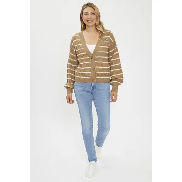 Cardigan beige à rayures blanches