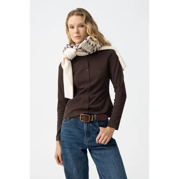 T-shirt marron manches longues boutonné femme Tiffosi – Coupe droite